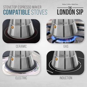 The London Sip moka pot induction-base ensures versatile cooking at home