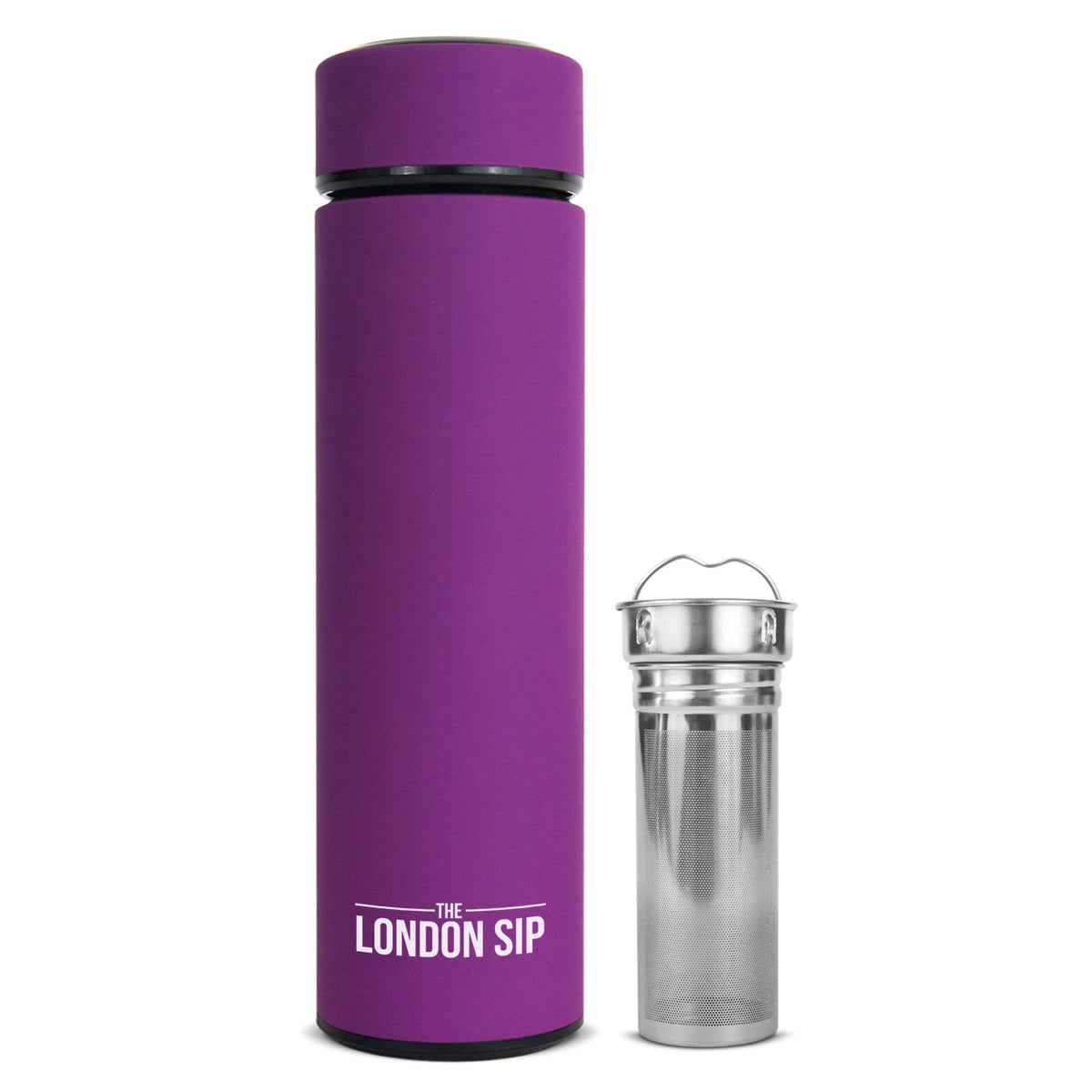The London Sip tea infuser bottle with a sealed lid, ideal for leak-free travel.