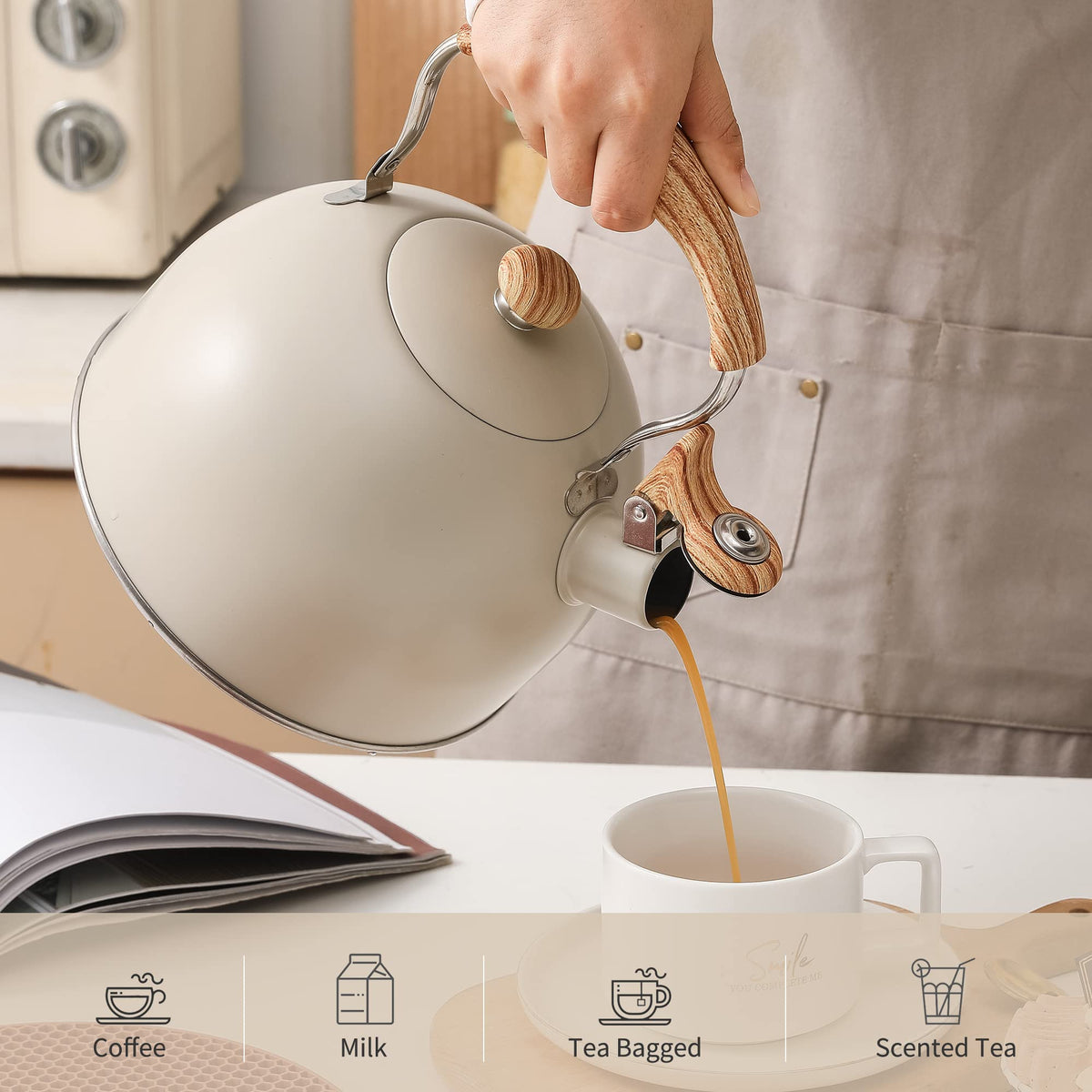 Lonffery cream-white kettle lid and whistle detail supports safe steam control