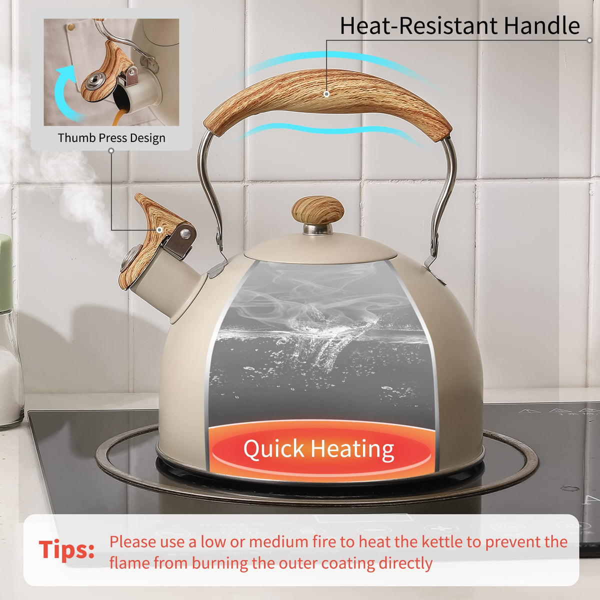 Lonffery tea kettle cream-white spout closeup with whistle ready to signal boiling