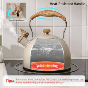 Lonffery tea kettle cream-white spout closeup with whistle ready to signal boiling