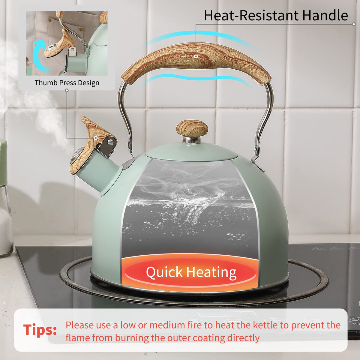 Lonffery stainless-steel 18-8 kettle for durable, rust-resistant heating.