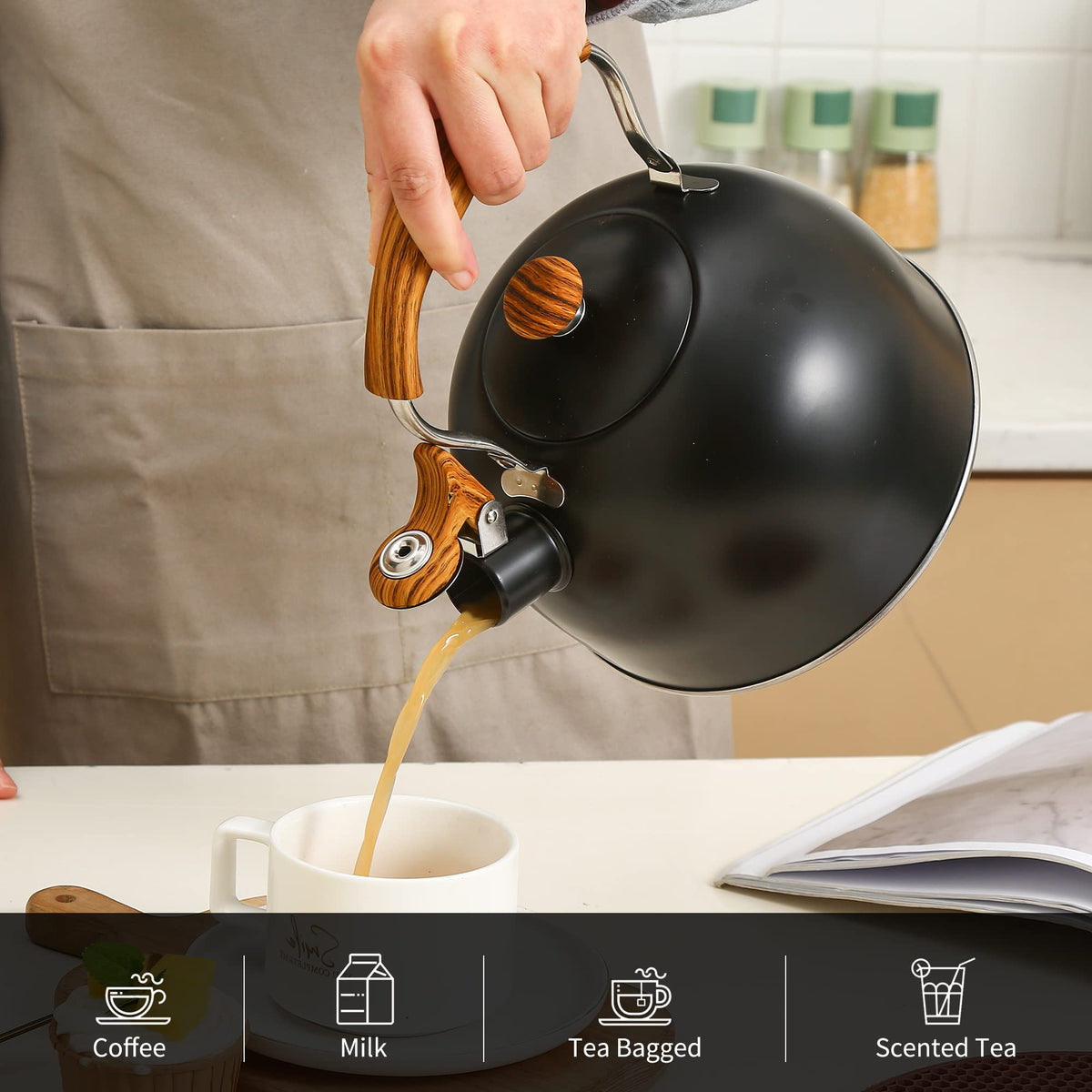 Lonffery kettle with wood-pattern handle provides a comfortable, cool-to-touch grip.