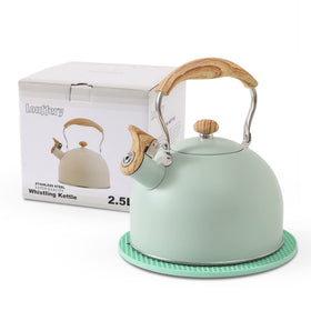 Lonffery turquoise finish tea kettle with 2.5qt capacity ready for family tea time.