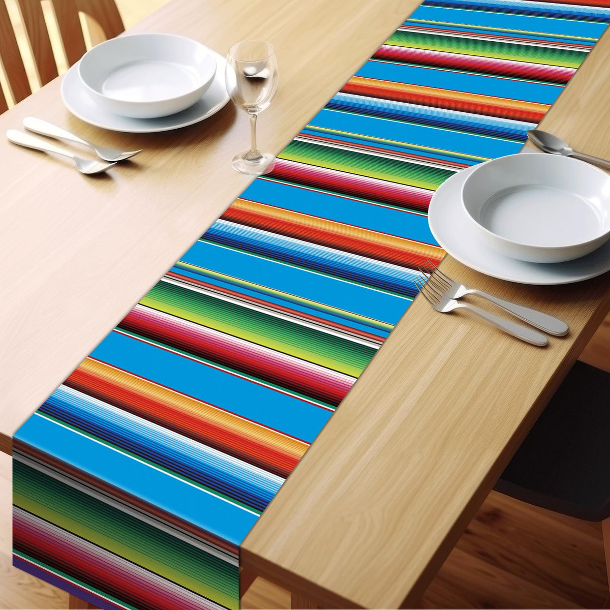 Lonfliness multicolor striped runner creates lively fiesta ambiance.
