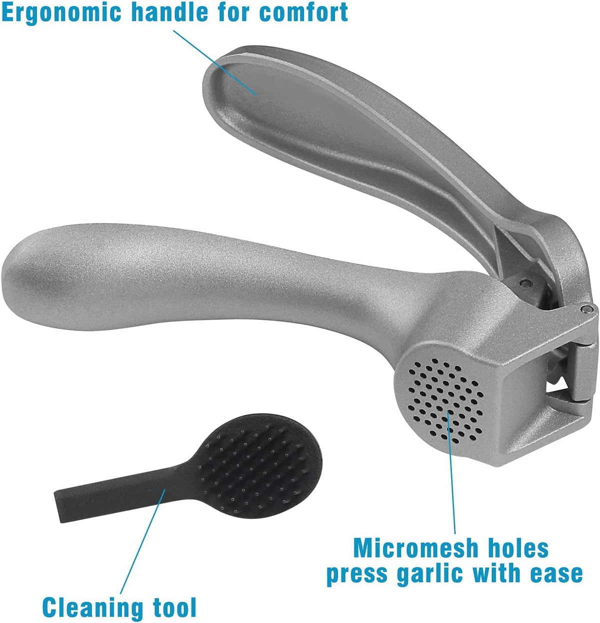 Longmann Pampered Chef garlic press pressing unpeeled garlic quickly and easily.