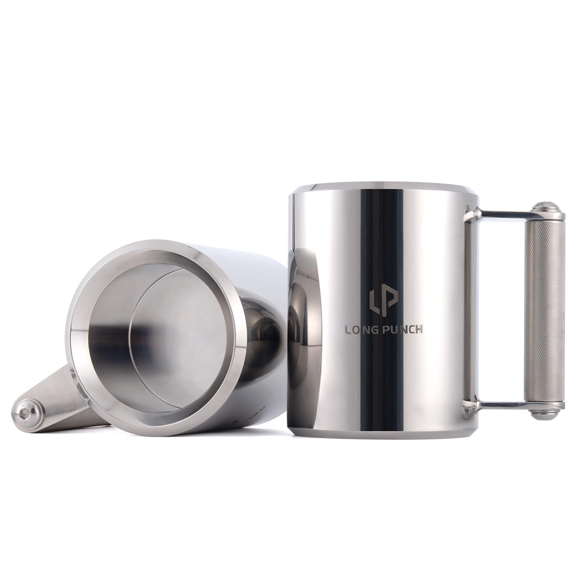 LongPunch heavy mug with dumbbell design, side view, stable for workouts.