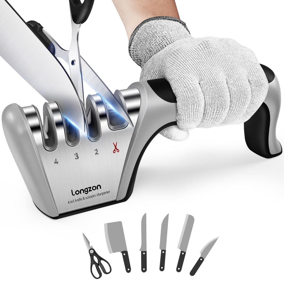 Longzon 5-in-1 knife sharpener front view for safe home sharpening.