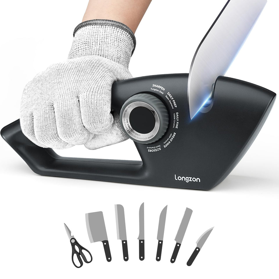 Longzon 6-in-1 sharpener front view enabling quick edge care in the kitchen