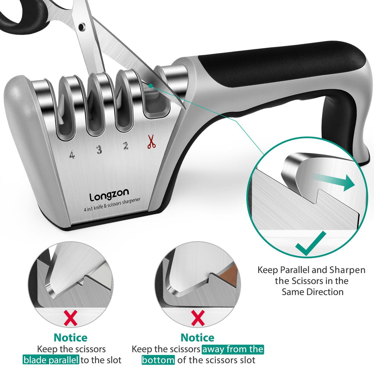 Longzon sharpener works with scissors and knives for quick maintenance.