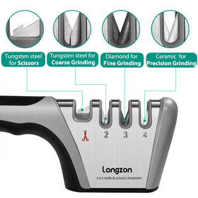 Longzon knife sharpener with non-slip base ensures stable grinding.