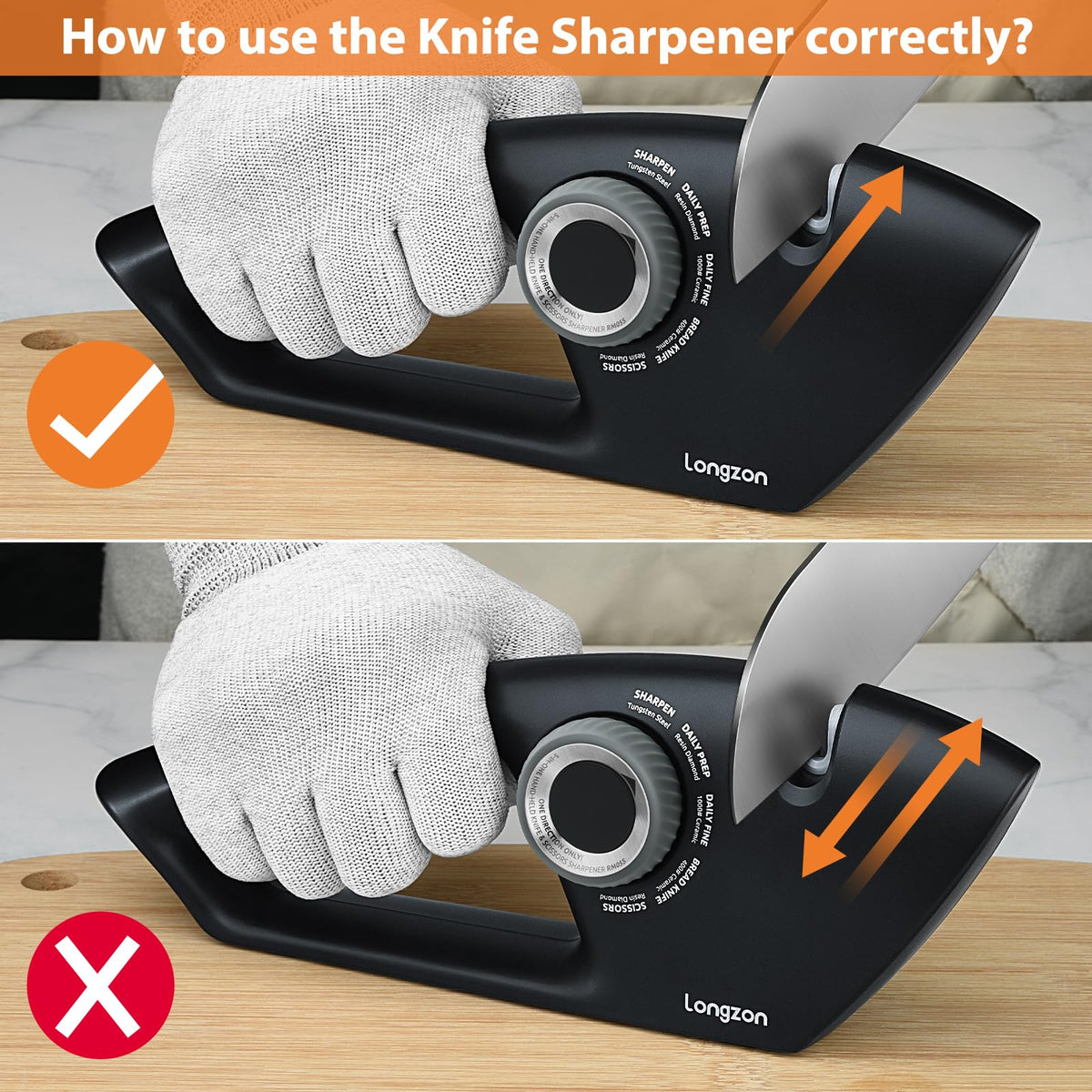 Non-slip base on counter stabilizes the sharpener during use