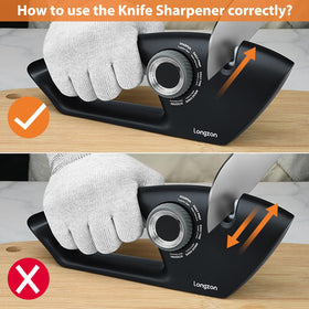Non-slip base on counter stabilizes the sharpener during use