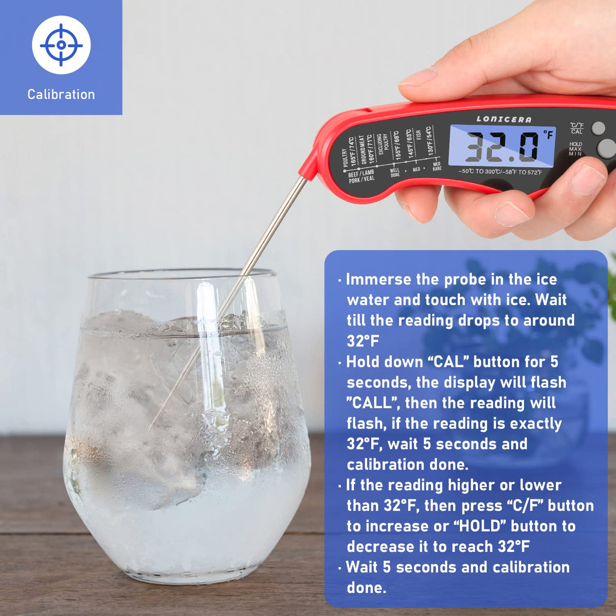 LONICERA thermometer calibration via ice-water for accurate readings.