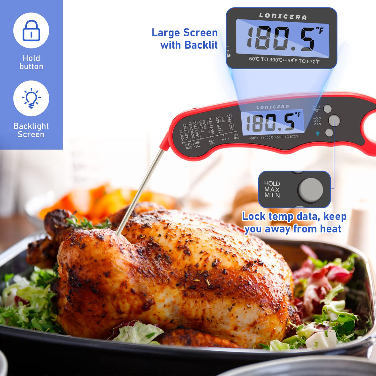 LONICERA meat thermometer IP66 waterproof for easy cleaning under running water.