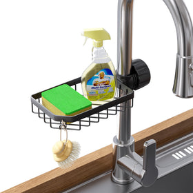 LONIN sponge holder over faucet showing accessible sponge and quick-dry design.
