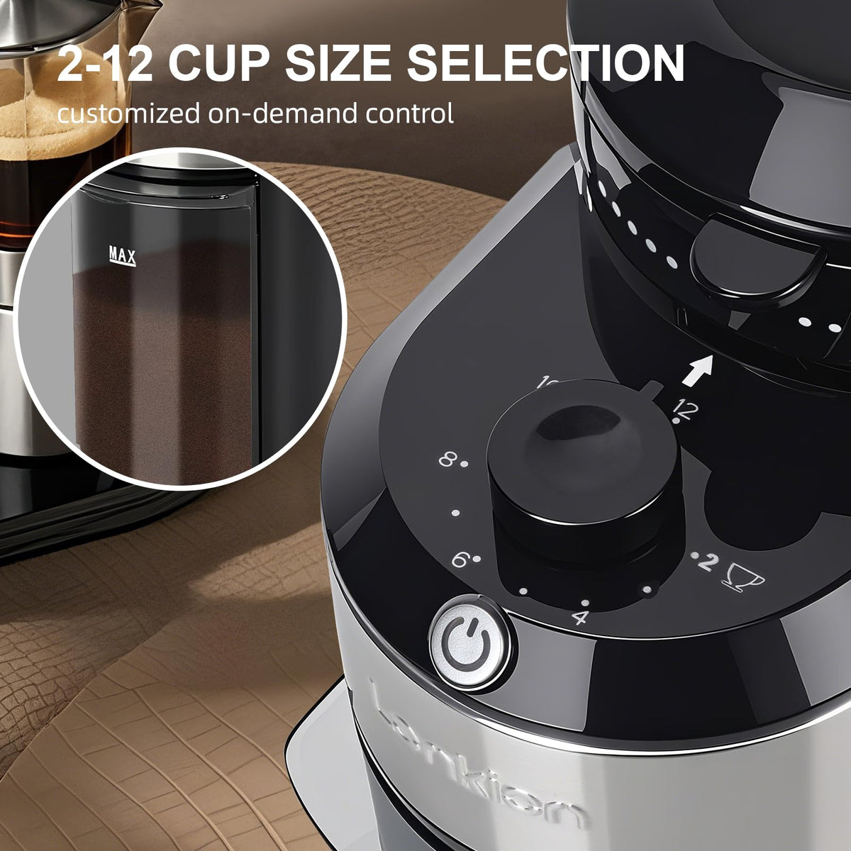 Lonkion burr grinder cleaning brush included for quick maintenance