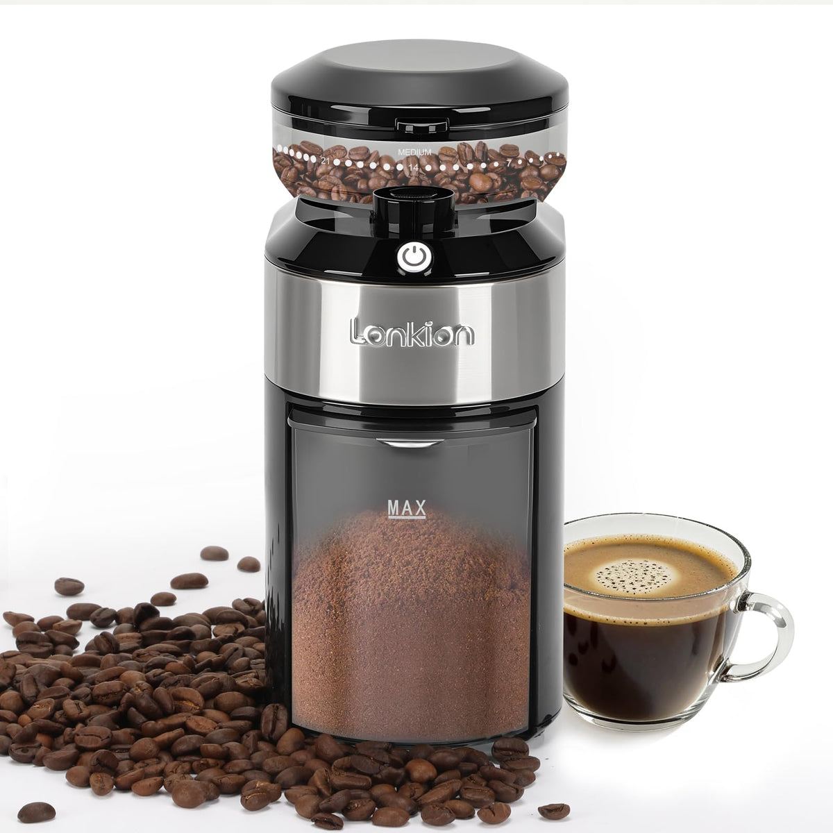 Lonkion burr coffee grinder front view showing compact design for small kitchens