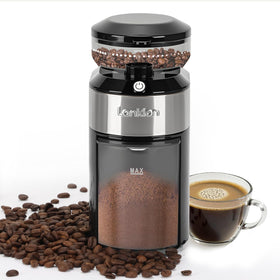 Lonkion burr coffee grinder front view showing compact design for small kitchens