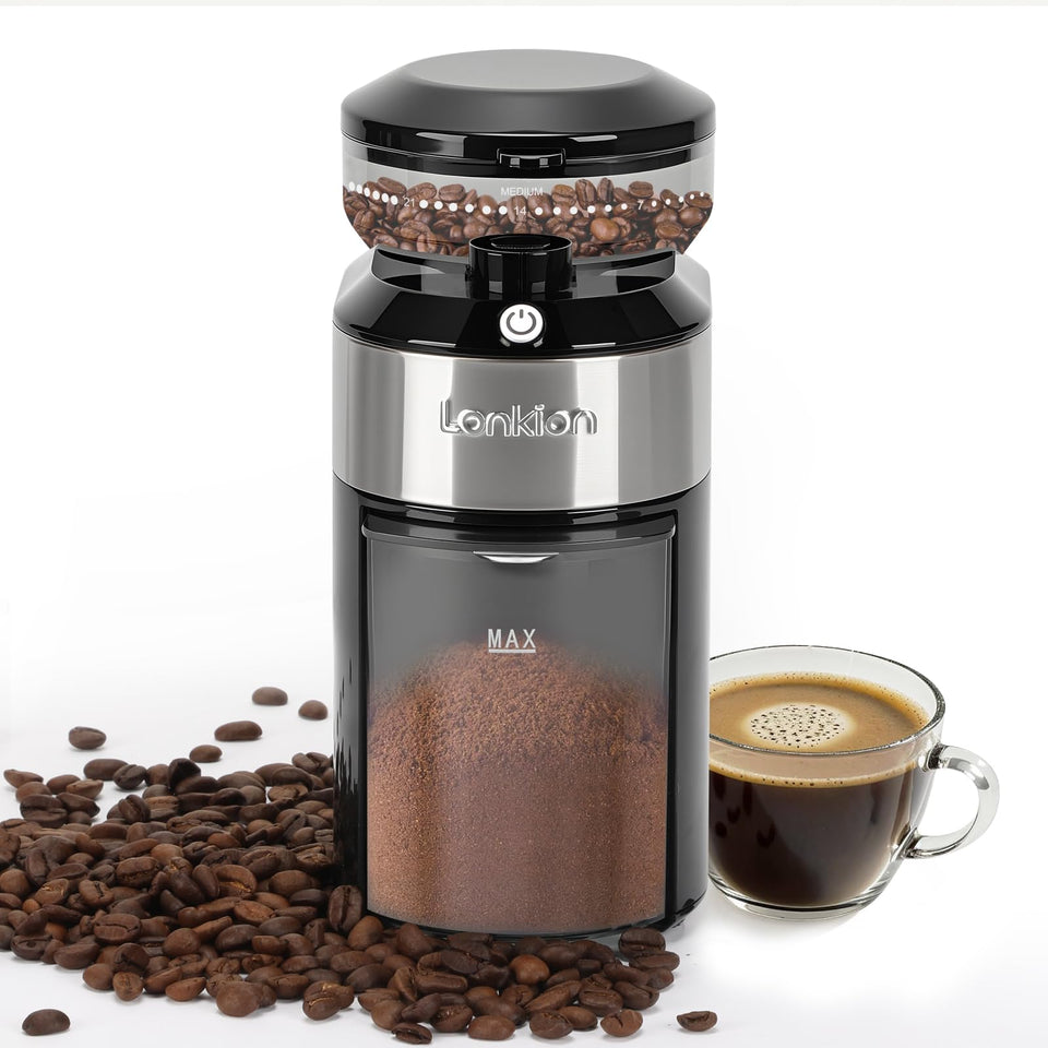 Lonkion burr coffee grinder front view showing compact design for small kitchens