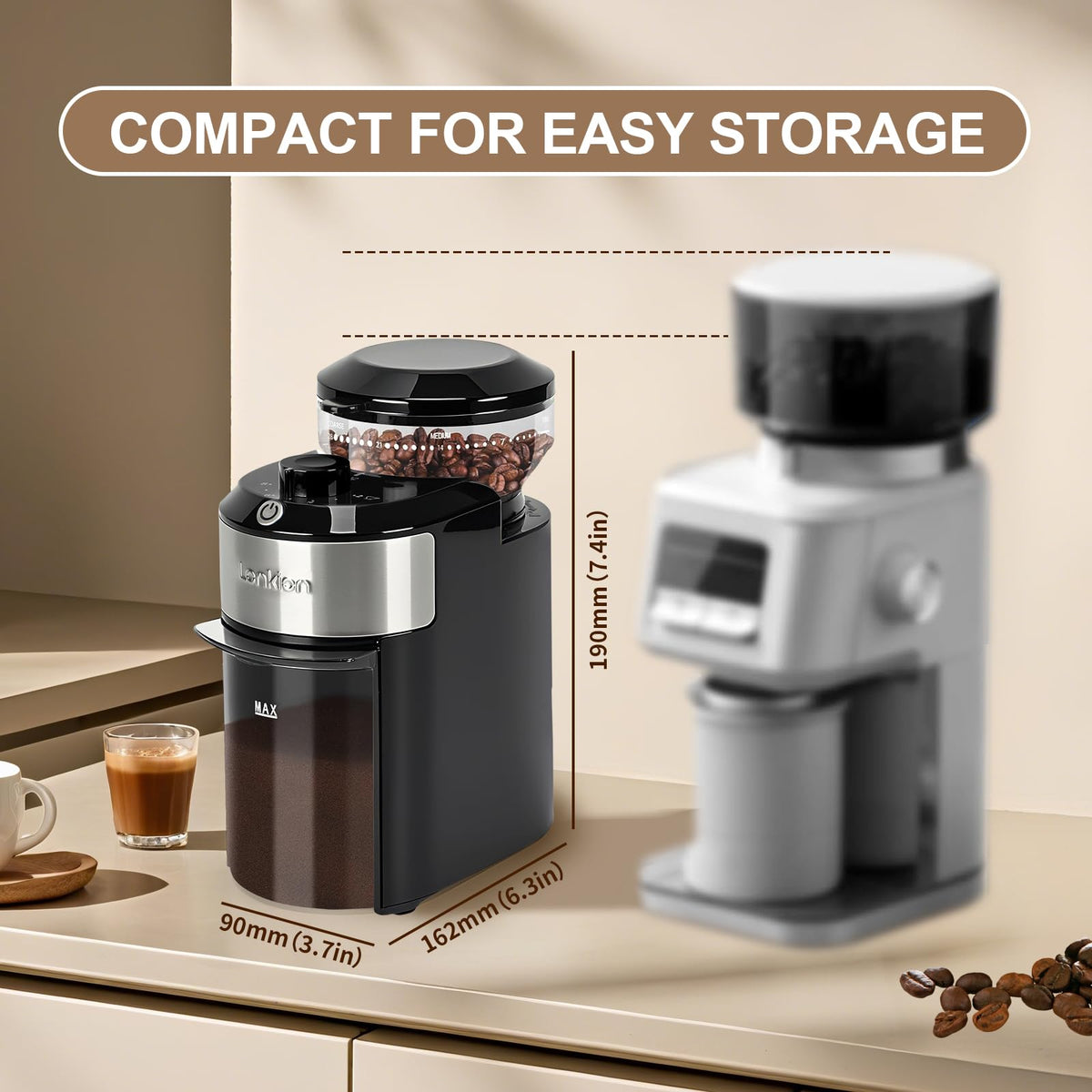 Lonkion burr grinder on kitchen counter fits compact spaces