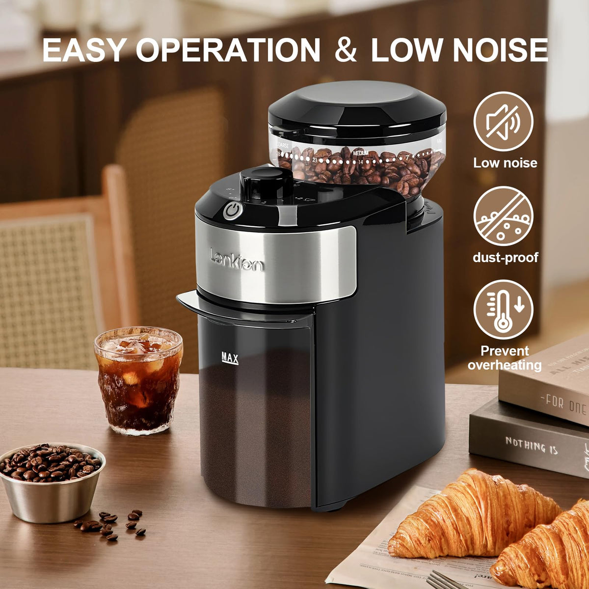 Lonkion burr grinder settings dial showcases 28 adjustable grind options