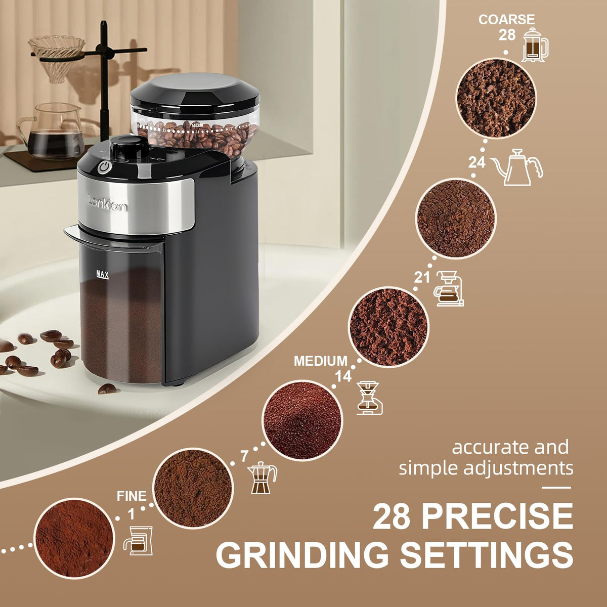 Lonkion burr grinder top view highlights control dial for precise grind settings