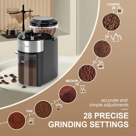 Lonkion burr grinder top view highlights control dial for precise grind settings