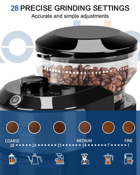 Lonkion burr grinder showing 12-cup auto-stop feature.