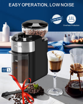 Lonkion burr grinder compact design fits in kitchen space.