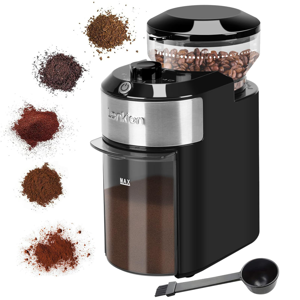 Lonkion burr grinder with espresso grind setting for consistent flavor.
