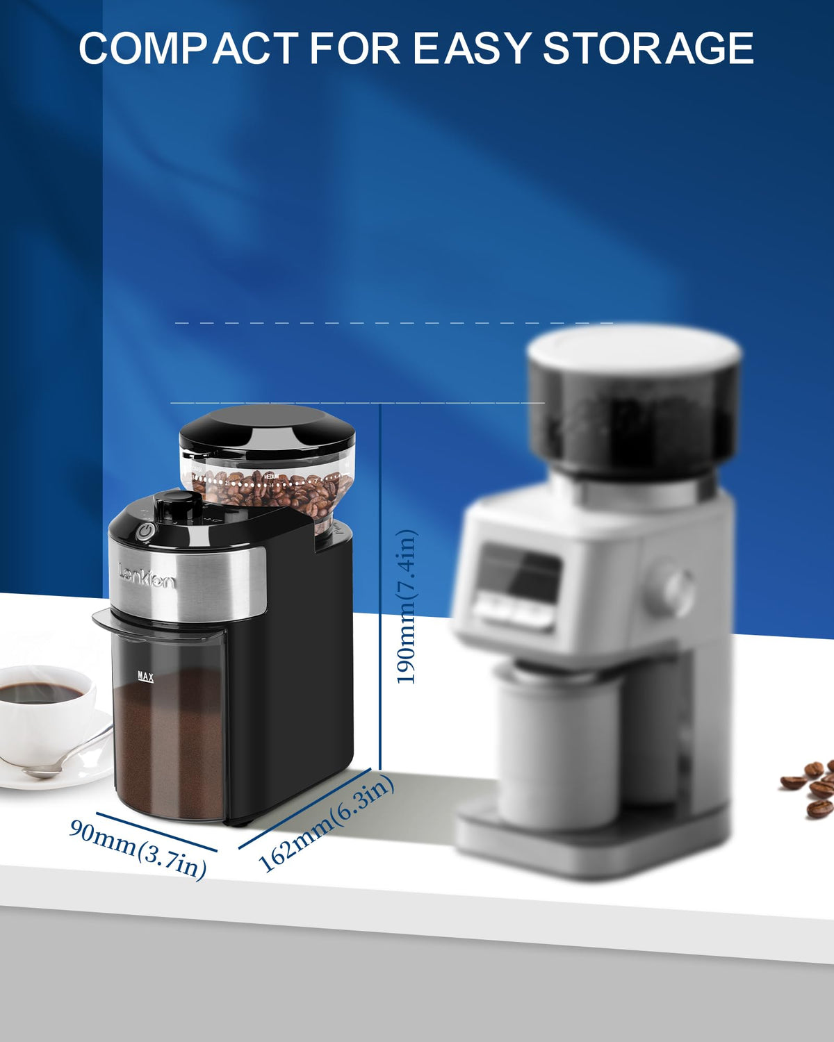 Lonkion burr grinder stainless steel body for durability.