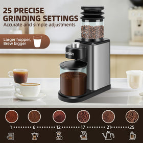 Lonkion Coffee Grinder showing 25 settings enables precise grind for any brew method.