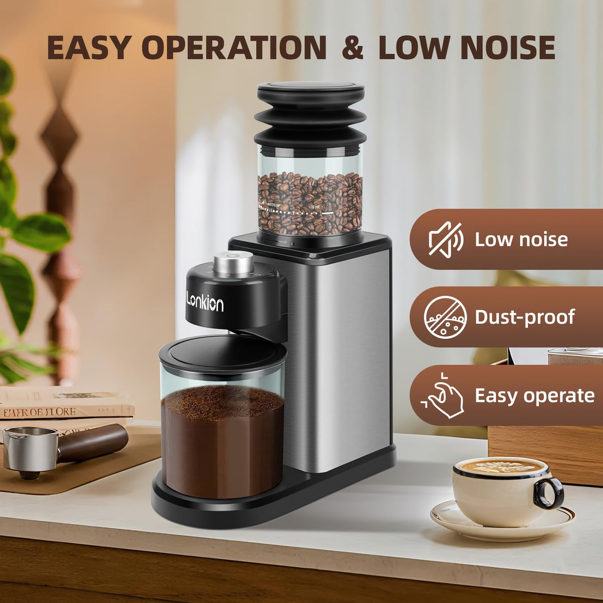 Lonkion Coffee Grinder features anti-static design and included brush for easy cleanup.