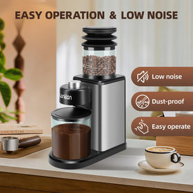 Lonkion Coffee Grinder features anti-static design and included brush for easy cleanup.