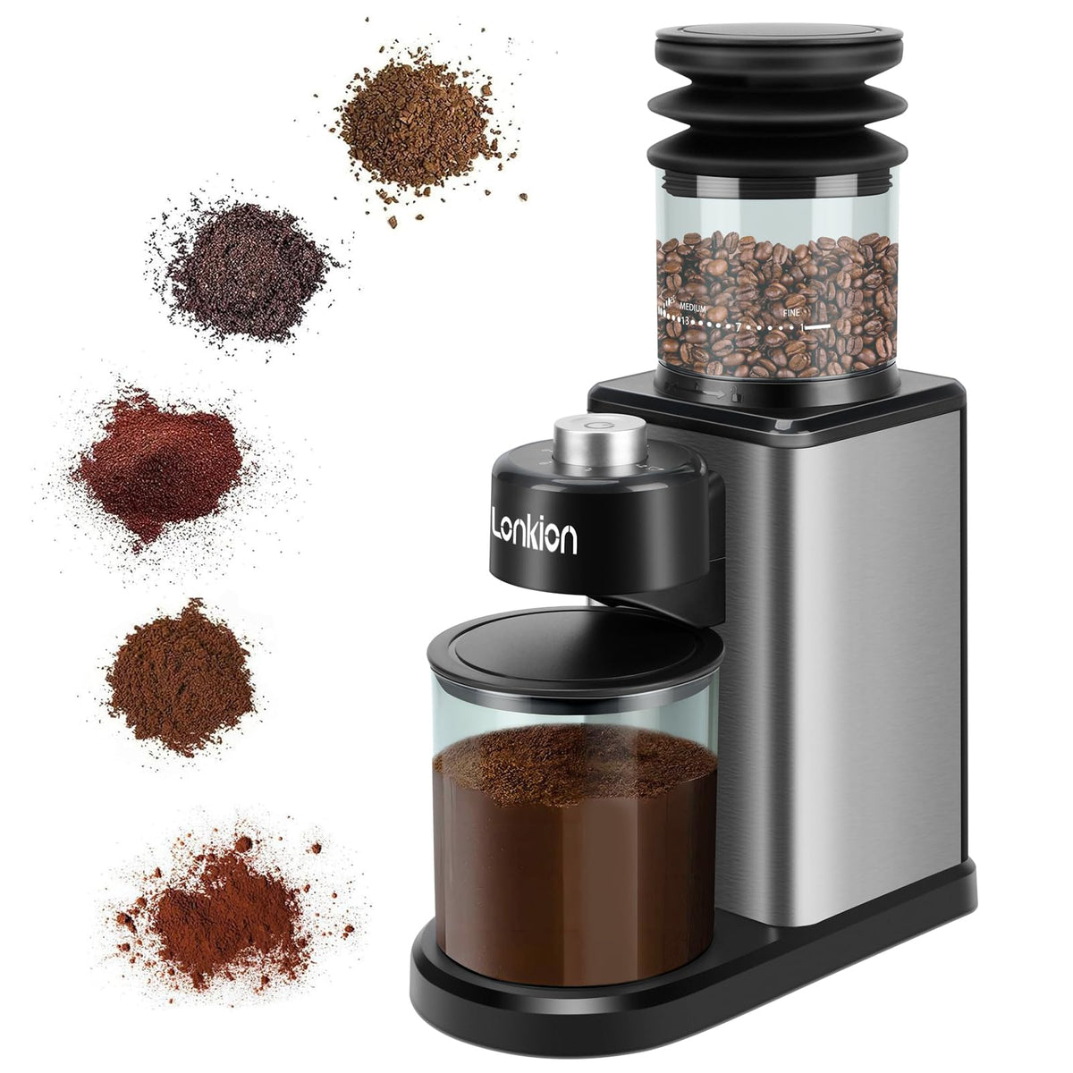 Lonkion Coffee Grinder with conical burrs delivers uniform grounds for better extraction.