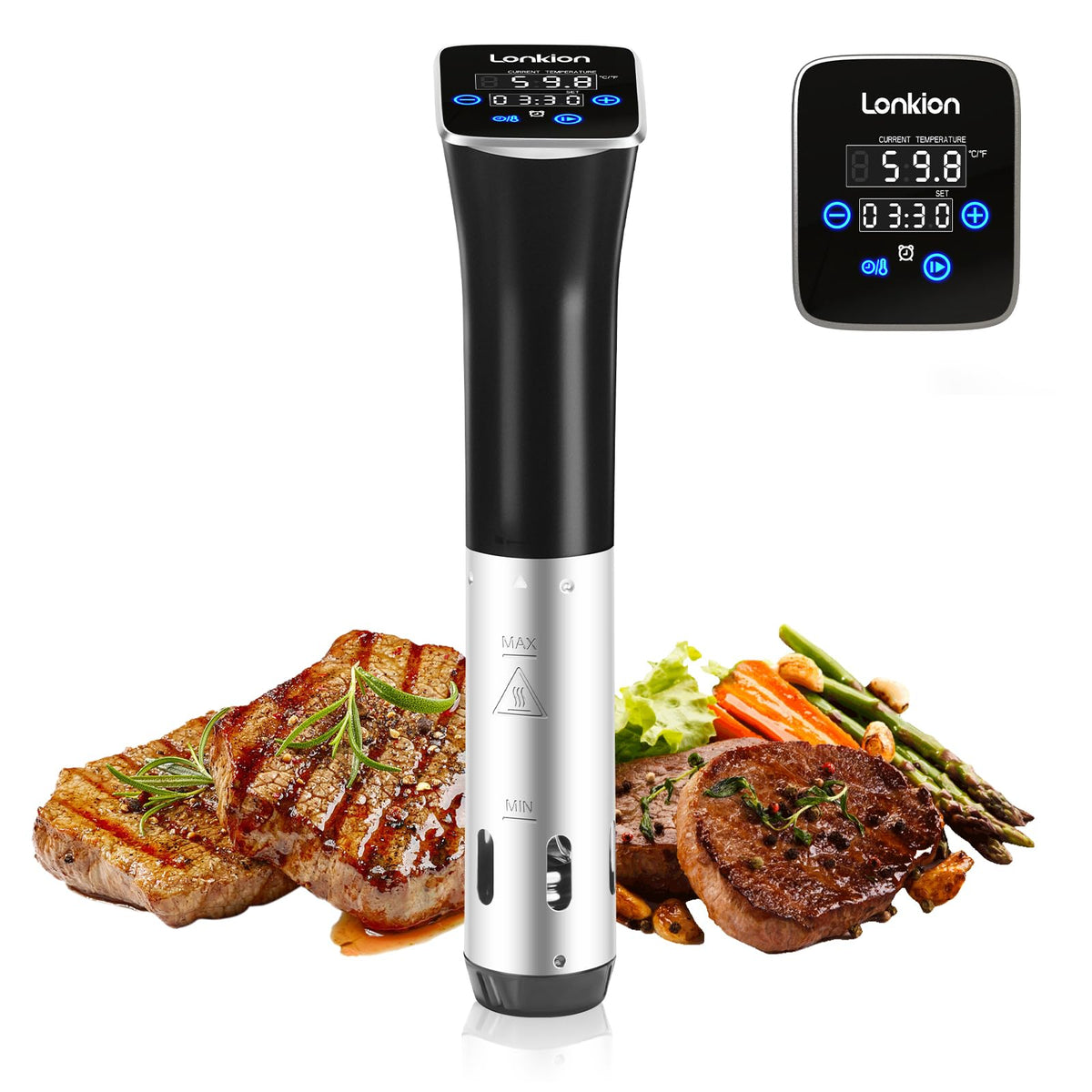 Lonkion Sous Vide Cooker front view with precise temperature control for reliable results.