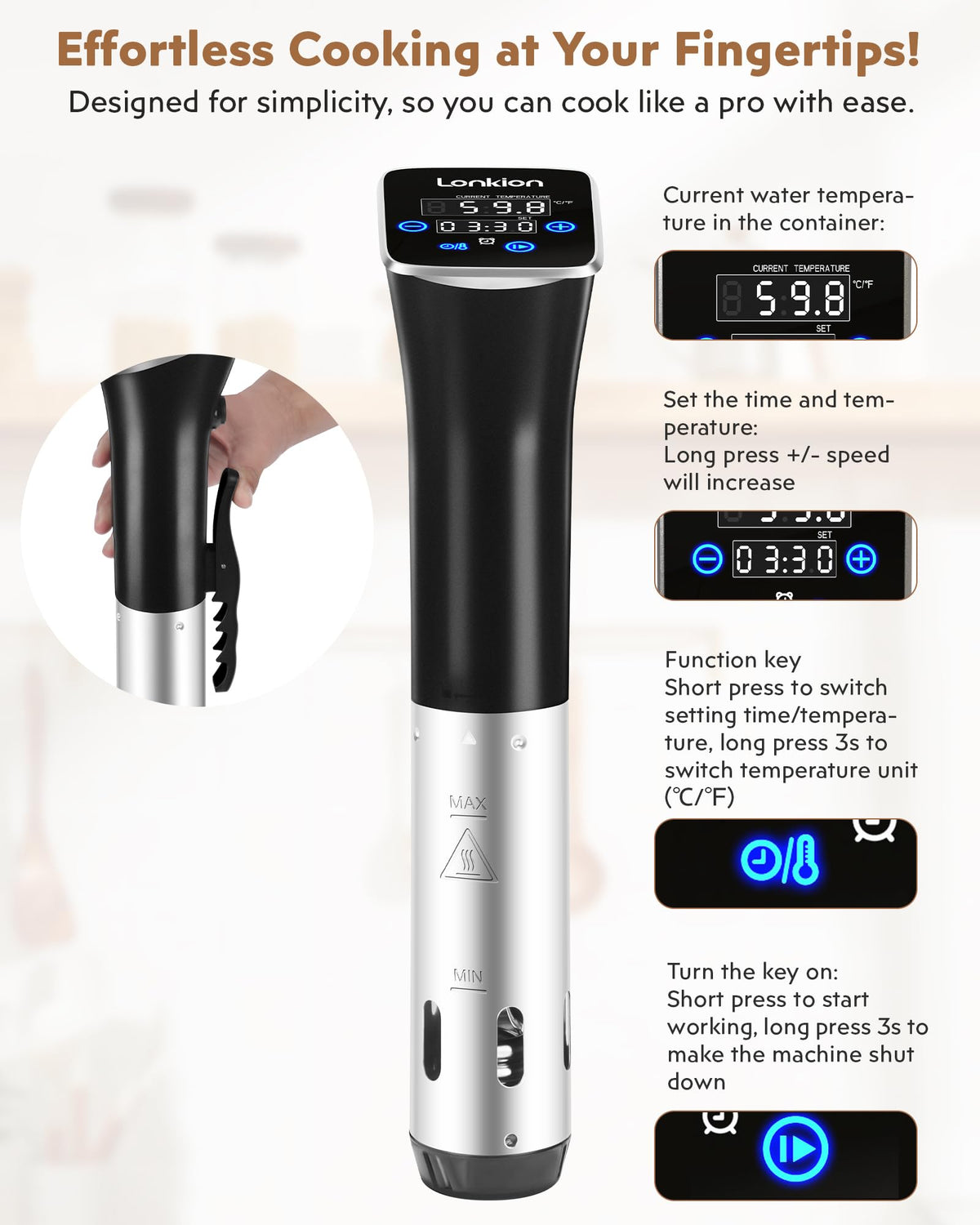 Lonkion Sous Vide Cooker heating phase image communicates rapid preheating.