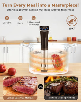 Lonkion Sous Vide Cooker immersed-in-water view emphasizes IPX7 safety and durability.