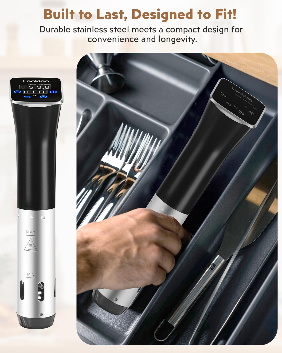 Lonkion Sous Vide Cooker IPX7 rating image demonstrates easy cleaning.