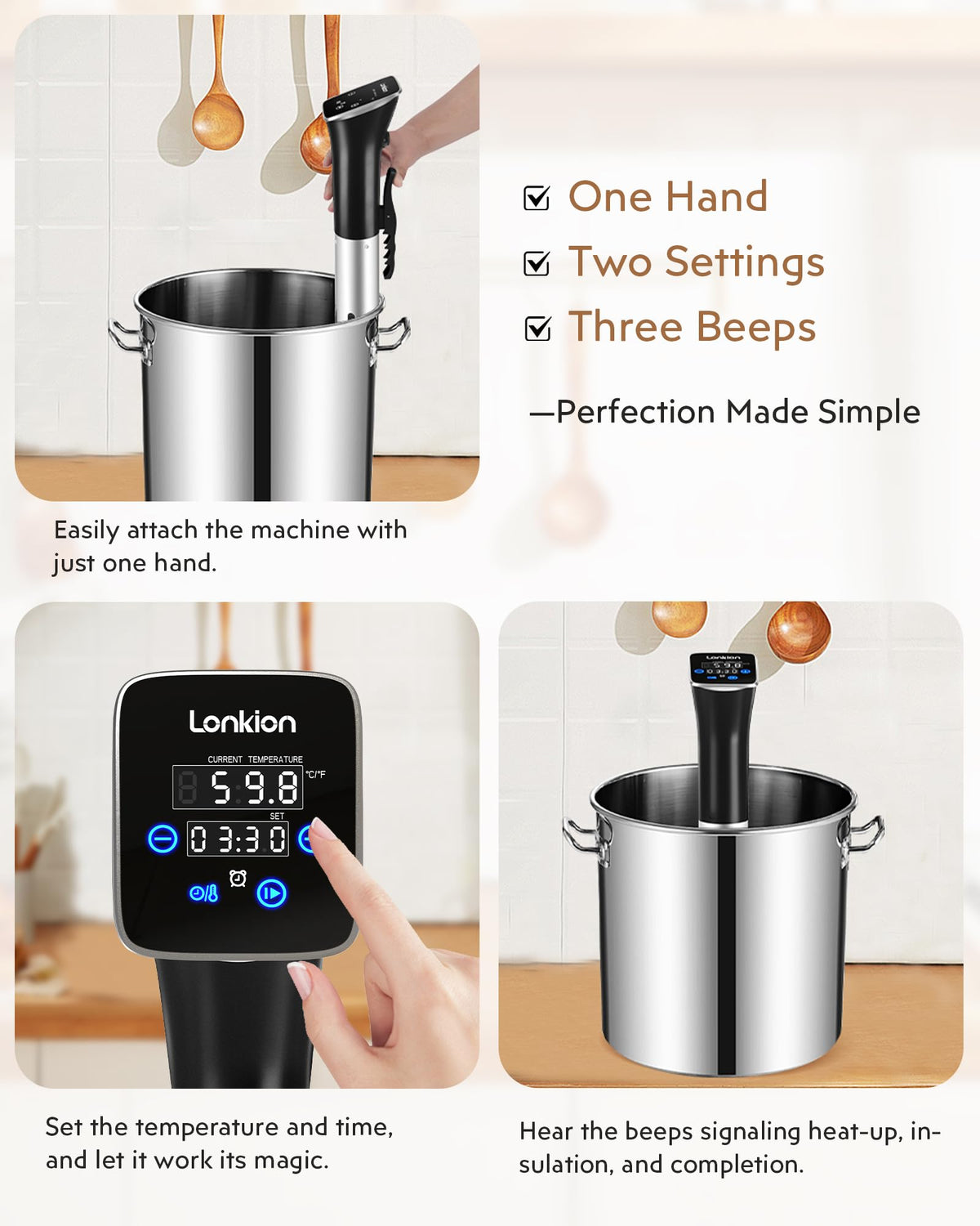 Lonkion Sous Vide Cooker top view shows sleek controls and intuitive navigation.
