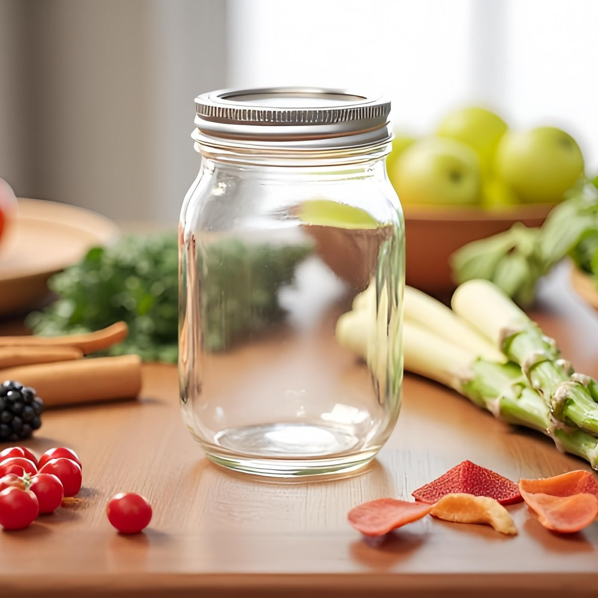 Lonriva closeup of silver lids and rings on clear glass jars