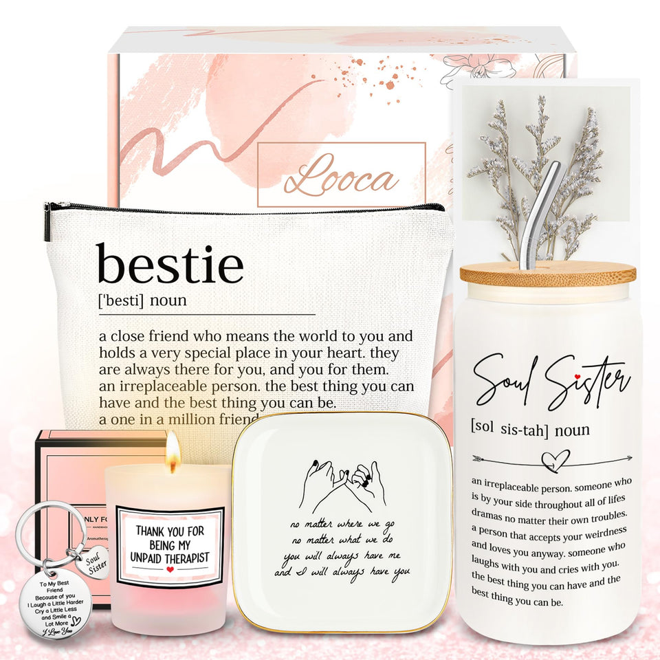 Looca Soul Sister glass with lid and straw, a stylish keepsake for a best friend's birthday