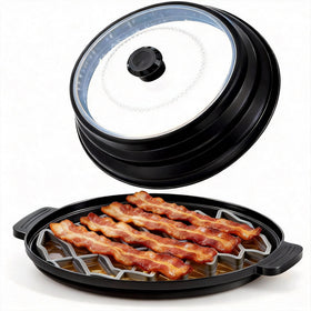 Loodkyoo bacon cooker lid with collapsible design prevents splatters.