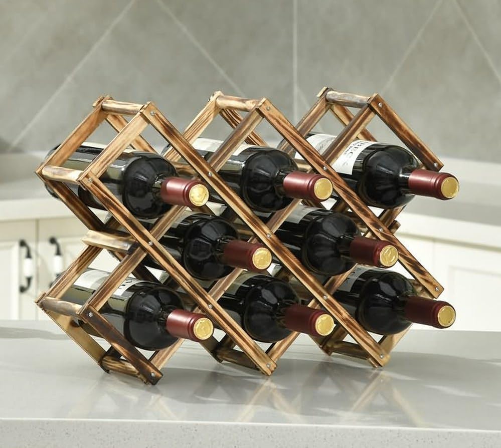 LoongZDD wine rack on countertop keeps standard bottles neatly displayed.