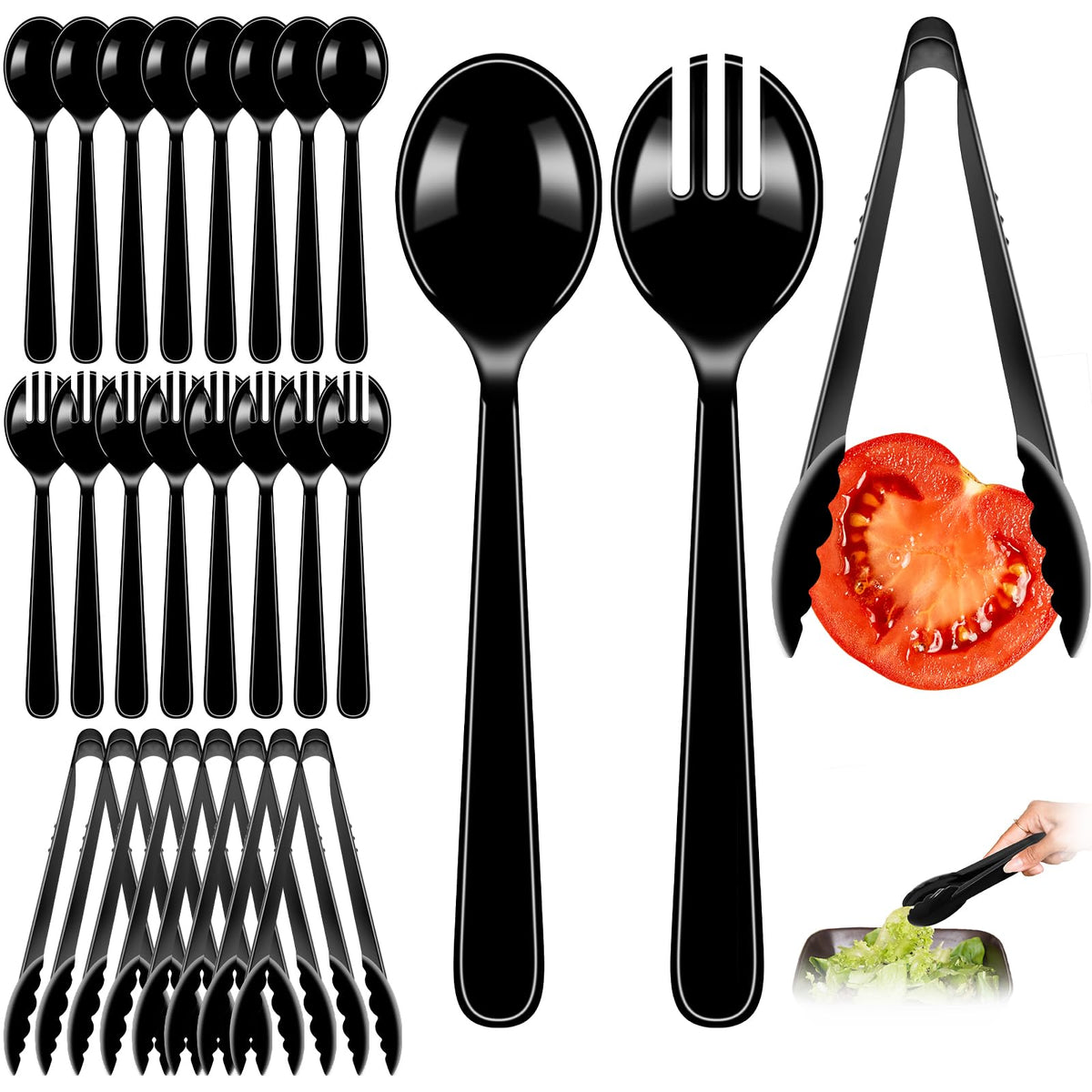 LOOWVY full-view of the 24-piece black plastic serving utensils set for an elegant buffet