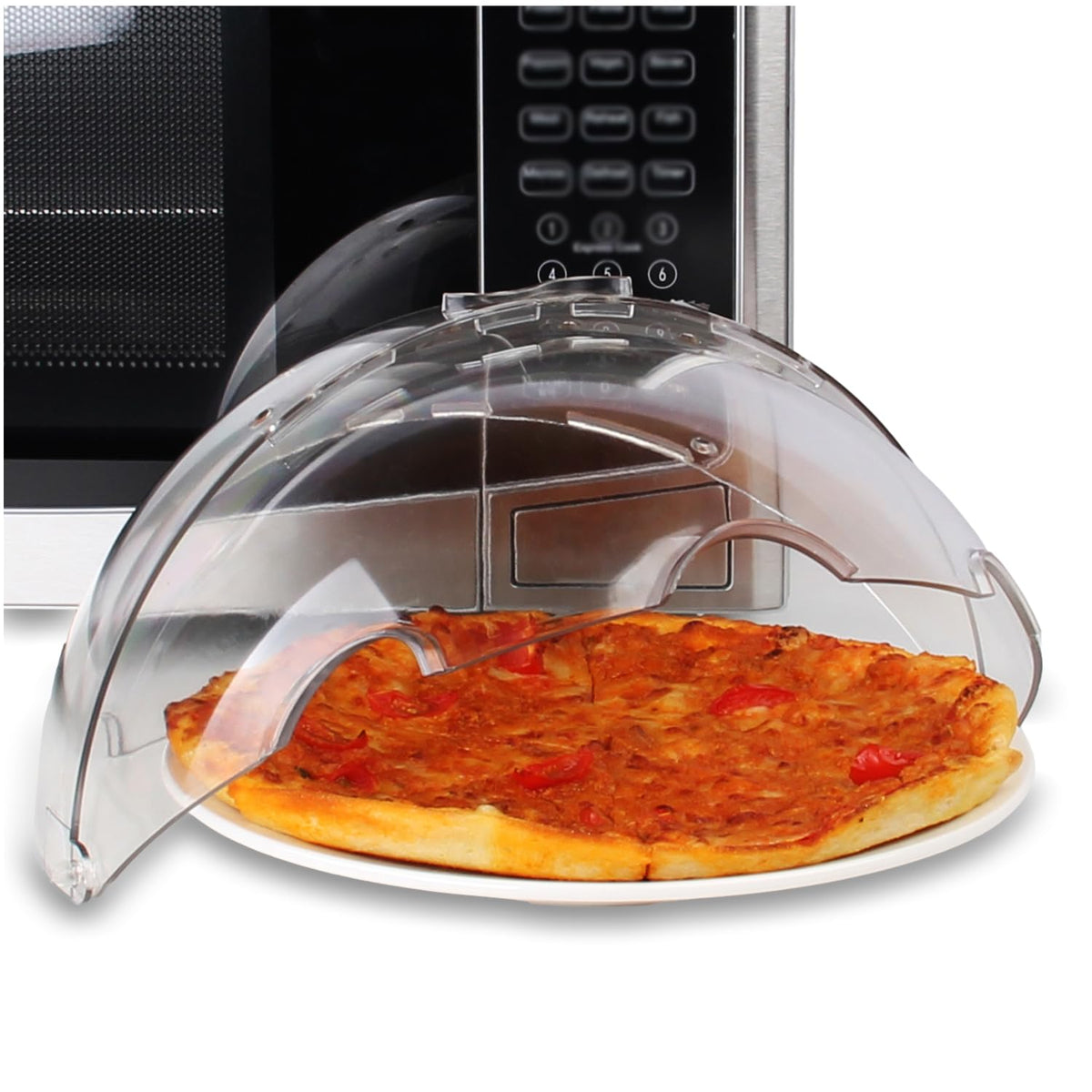 Lopeztek flippable microwave splatter cover shown from top view protects surfaces during reheating