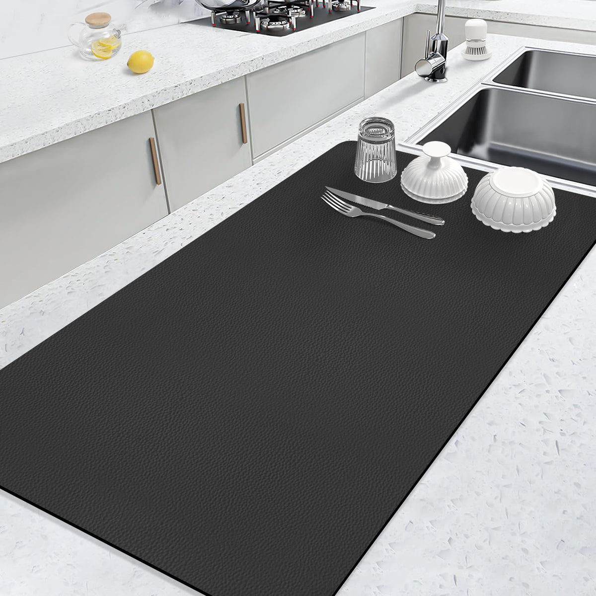 LOPNUR dish drying mat on kitchen counter with diatomite for fast water absorption.