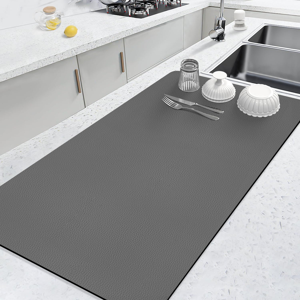 LOPNUR grey kitchen drying mat, large size on counter for efficient dish drying.