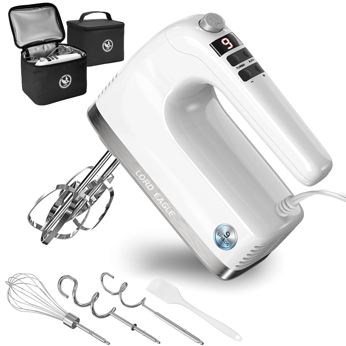 Lord Eagle 9-Speed Digital Hand Mixer display shows precise control for any recipe.